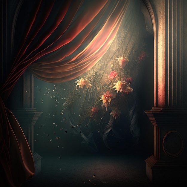 there is a picture of a window with a curtain and flowers generative ai