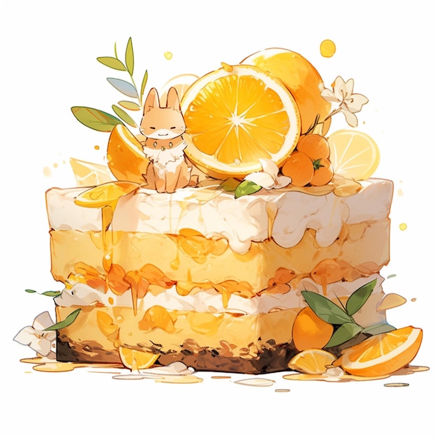 There is a piece of cake with oranges and a cat on top generative ai