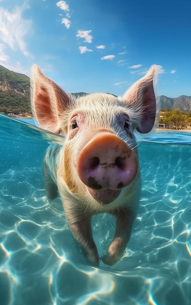 there is a pig that is swimming in the water generative ai