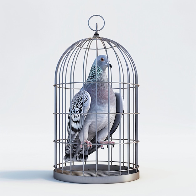 there is a pigeon sitting in a cage on a white surface generative ai