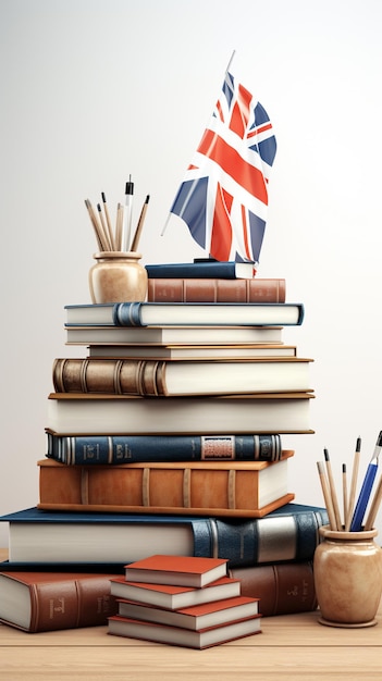 there is a pile of books with a british flag on top generative ai