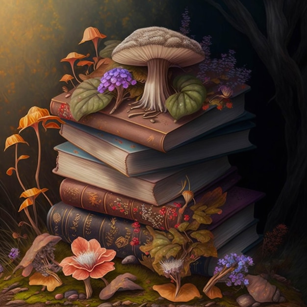 There is a pile of books with mushrooms on top of them generative ai