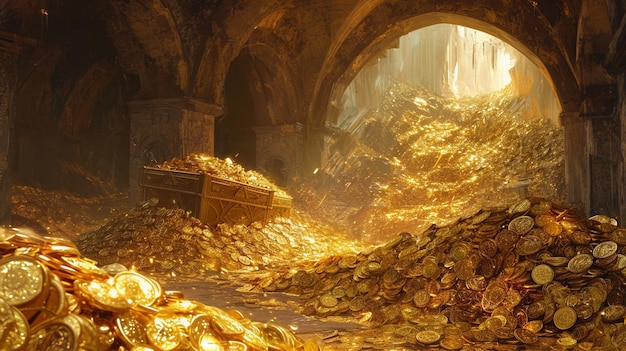 there is a pile of gold coins in a tunnel with a man standing in the background generative ai