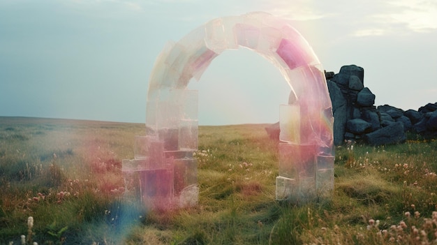 there is a pink arch in the middle of a field generative ai