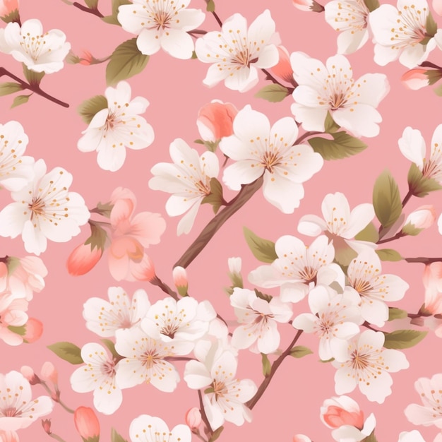 There is a pink background with white flowers and green leaves generative ai