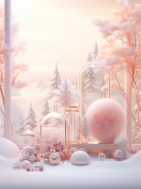 there is a pink ball sitting on a window sill in the snow generative ai