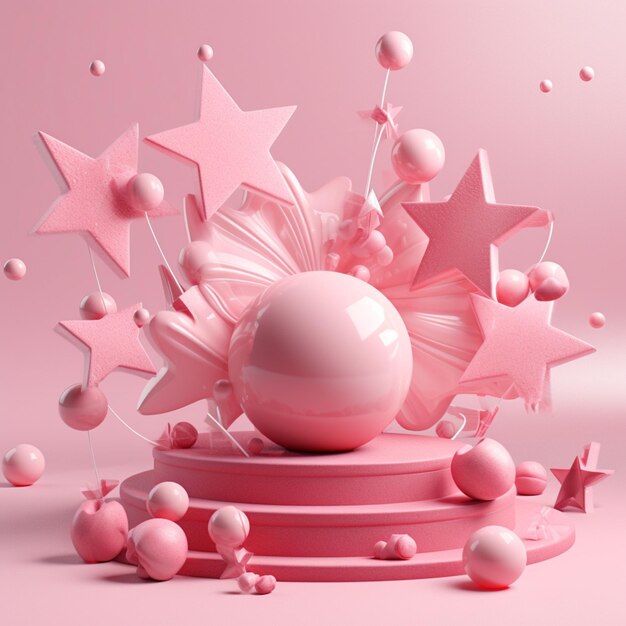 There is a pink ball surrounded by pink stars and pink balls generative ai