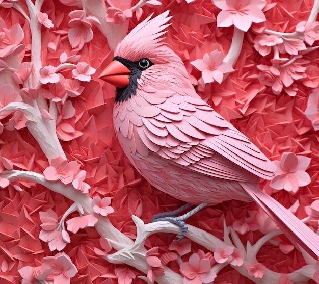 There is a pink bird sitting on a branch of a tree generative ai