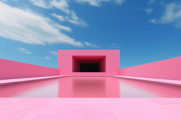 there is a pink building with a pool in the middle generative ai