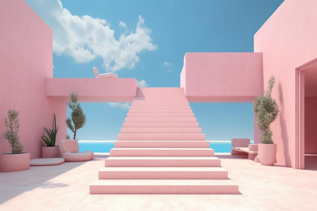 there is a pink building with a staircase leading to the top generative ai