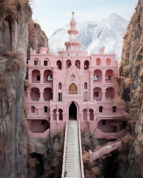 Photo there is a pink building with a steeple and a staircase going up to it generative ai