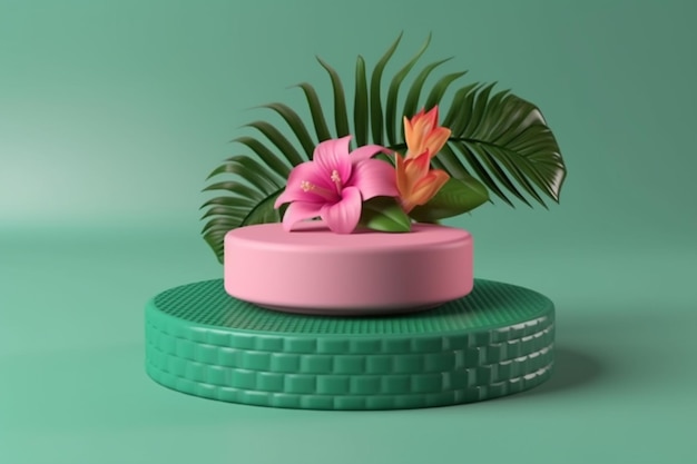 there is a pink cake with a flower on top of it generative ai