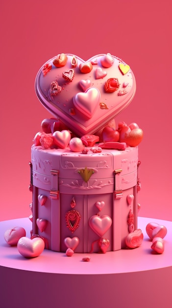 there is a pink cake with a heart shaped box on top generative ai