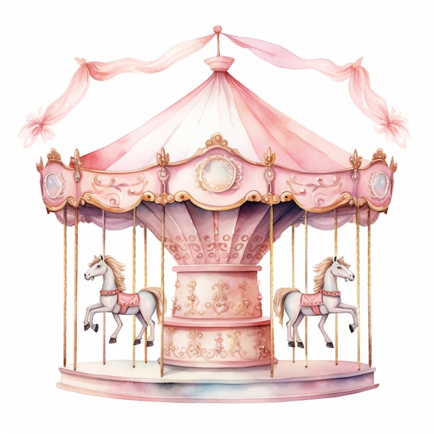 there is a pink carousel with a white horse on it generative ai