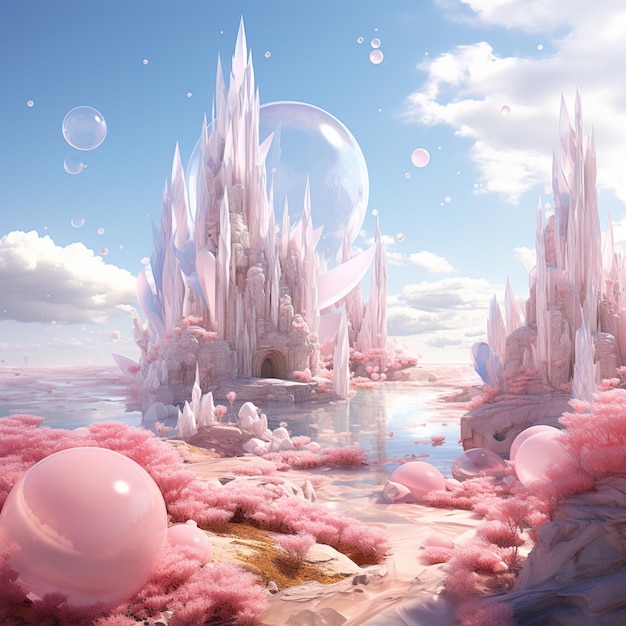 there is a pink castle in the middle of a pink field generative ai