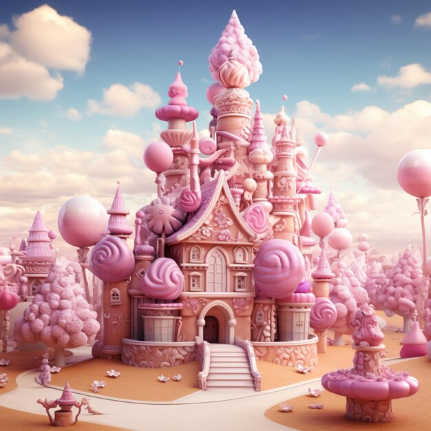 there is a pink castle with lots of candy on it generative ai