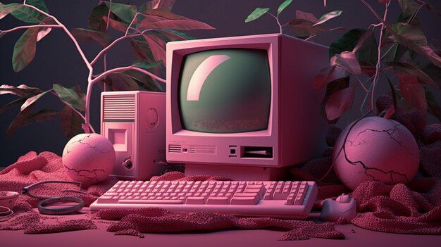 there is a pink computer sitting on a table with a plant generative ai