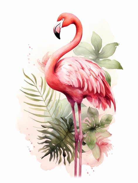 there is a pink flamingo standing in front of a tropical plant generative ai