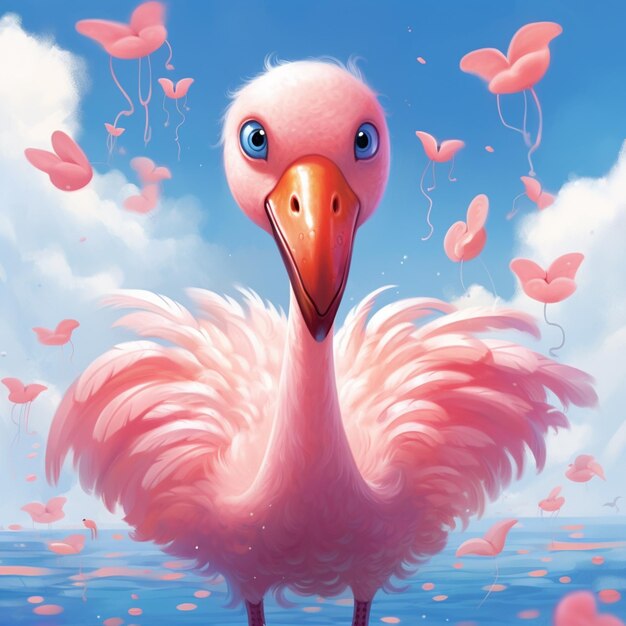 there is a pink flamingo standing in the water with many pink hearts floating around generative ai