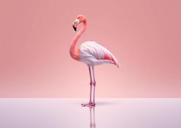 There is a pink flamingo standing on a white surface generative ai