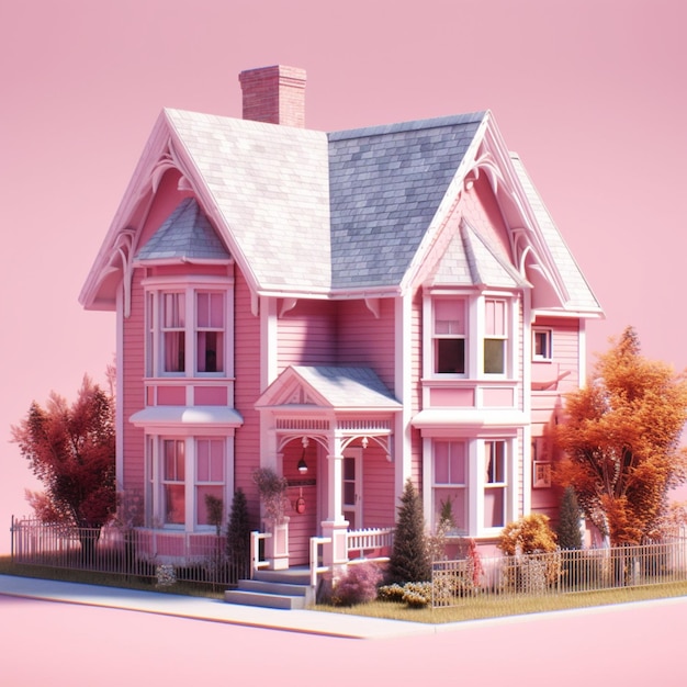 there is a pink house with a white fence and a tree generative ai