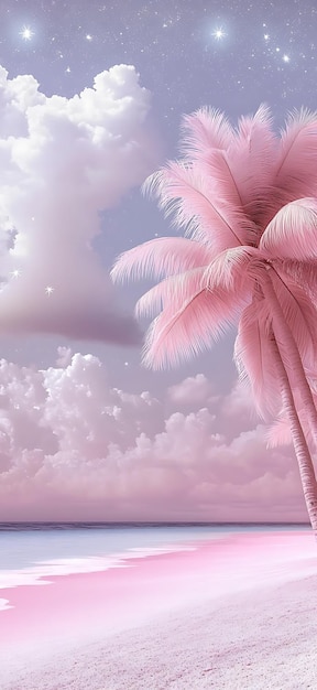 Photo there is a pink palm tree on the beach with a pink sky