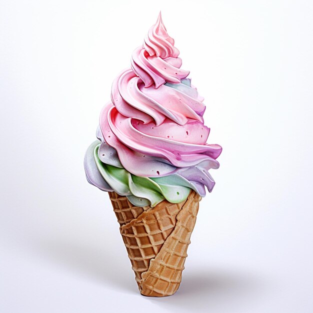 there is a pink and purple ice cream cone with a waffle cone generative ai