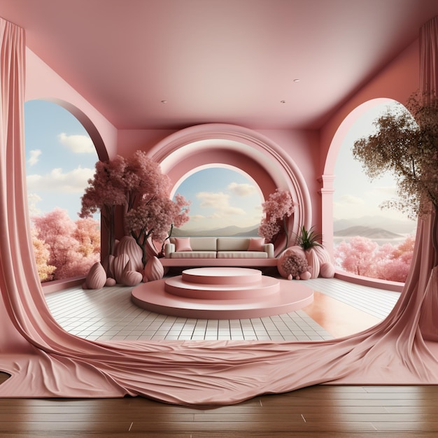 There is a pink room with a couch and a tree generative ai