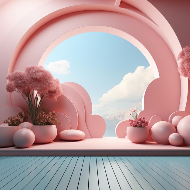 There is a pink room with a pink arch and pink flowers generative ai