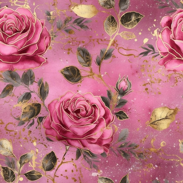 There is a pink rose with gold leaves on a pink background generative ai