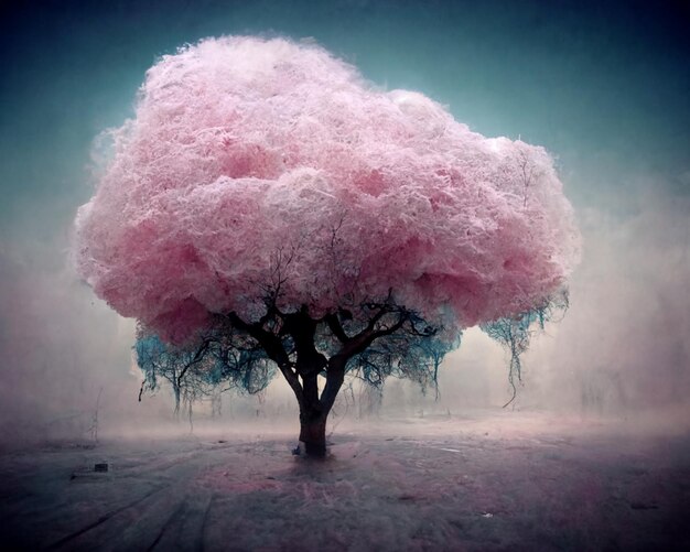 There is a pink tree with a blue sky in the background generative ai