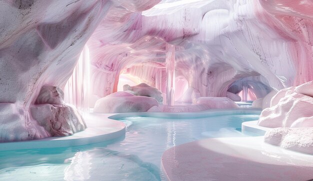 there is a pink and white ice cave with a pool generative ai