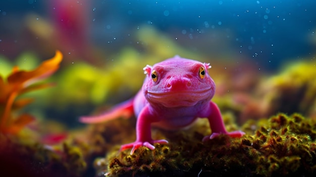 There is a pink and yellow animal that is sitting on a moss generative ai