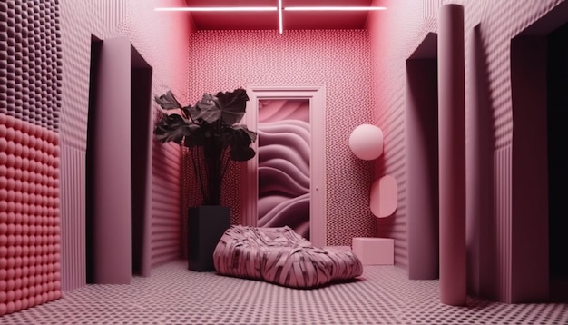 There is a plant in a vase in a room with pink walls generative ai