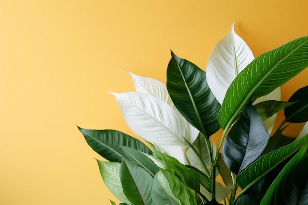 there is a plant with white leaves in a vase on a yellow wall generative ai