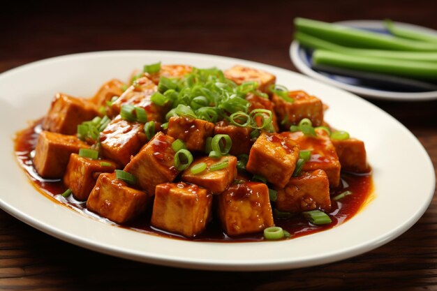 There is a plate of tofu with green onions and celery generative ai