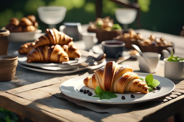 There is a plate with delicious French croissants on a nice table outside of a bistro AI Generated