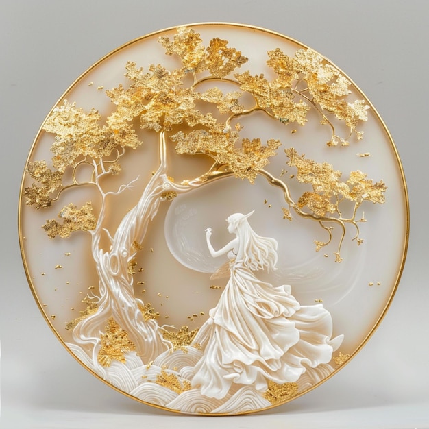 there is a plate with a woman in a dress and a tree generative ai