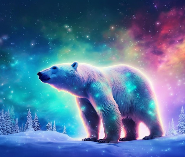 there is a polar bear standing in the snow with a colorful sky generative ai