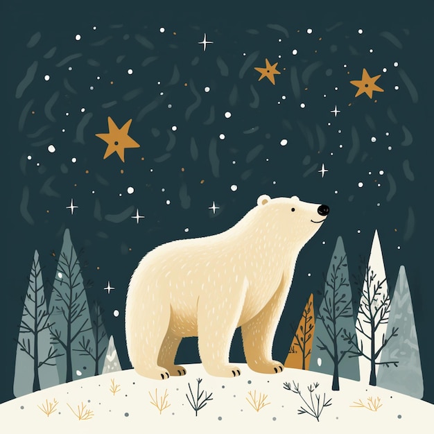 there is a polar bear standing on a snowy hill with trees and stars generative ai