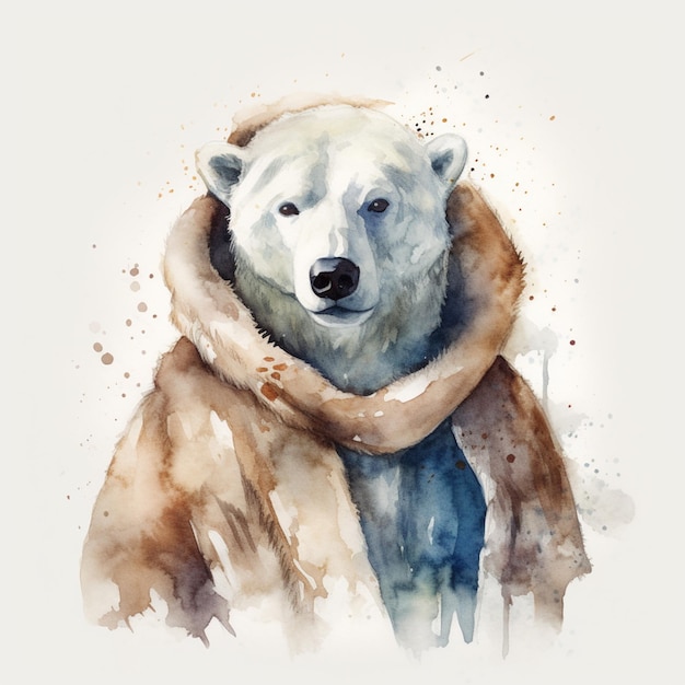 There is a polar bear wearing a scarf and a coat generative ai