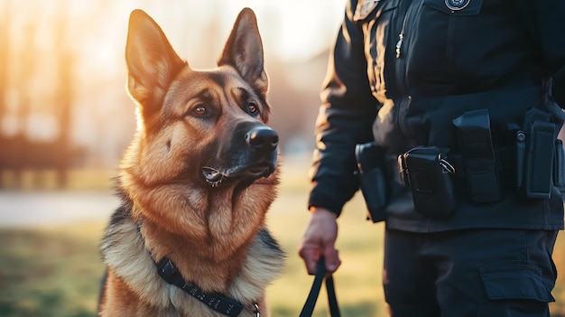 Photo there is a police officer standing next to a dog