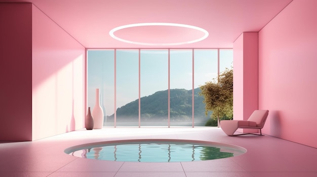 There is a pool in a room with a mountain view generative ai