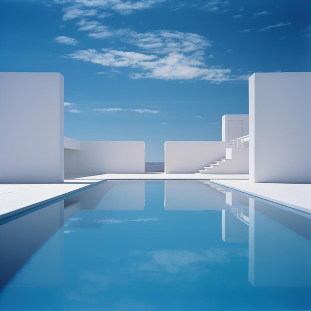 there is a pool with a sky background and a building in the background generative ai