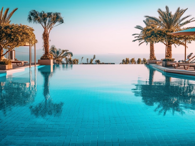 There is a pool with a view of the ocean and palm trees generative ai