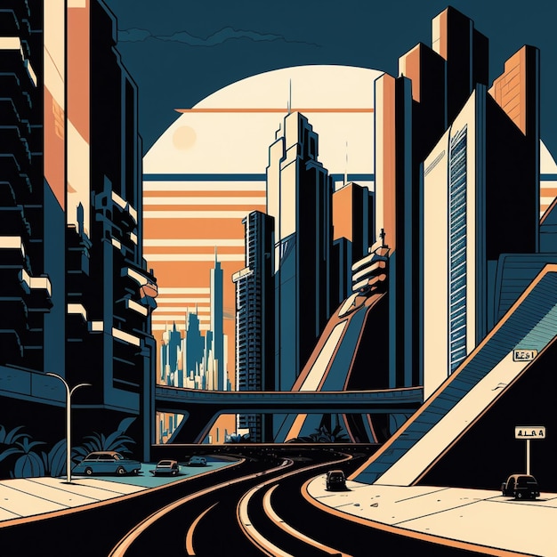 There is a poster of a city with a train going down the tracks generative ai