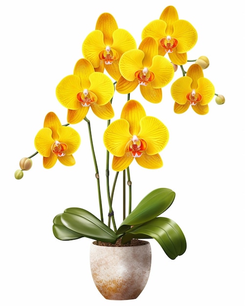 There is a potted plant with yellow flowers on a white background generative ai