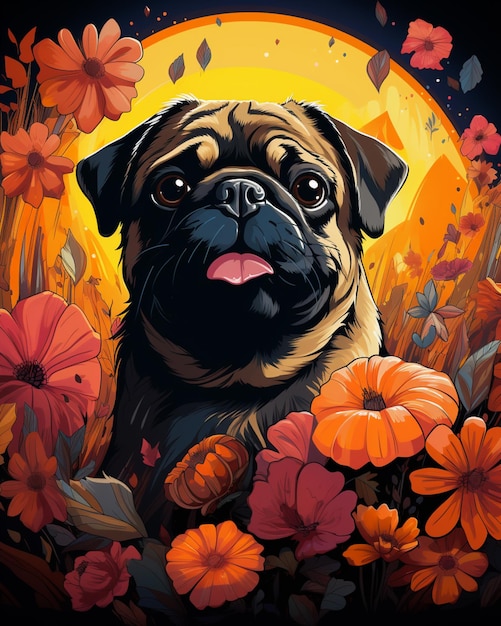 There is a pug dog sitting in a field of flowers generative ai