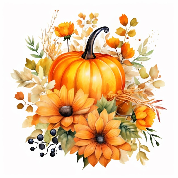 There is a pumpkin and flowers on a white background generative ai