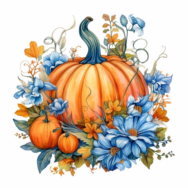 There is a pumpkin and flowers on a white background generative ai